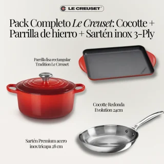 Pack Completo Le Creuset: Cocotte + Parrilla de hierro + Sartén inox 3-Ply